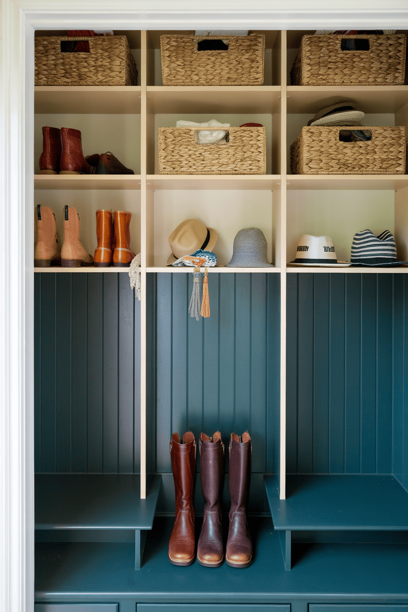 A two-tone mudroom closet featuring dark green paneling and light shelving, with storage baskets and neatly arranged boots.