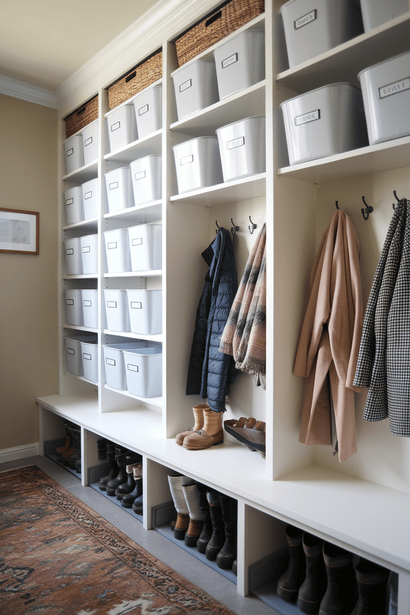 Organized mudroom with vertical storage solutions including bins, hooks for coats, and a shelf for boots.