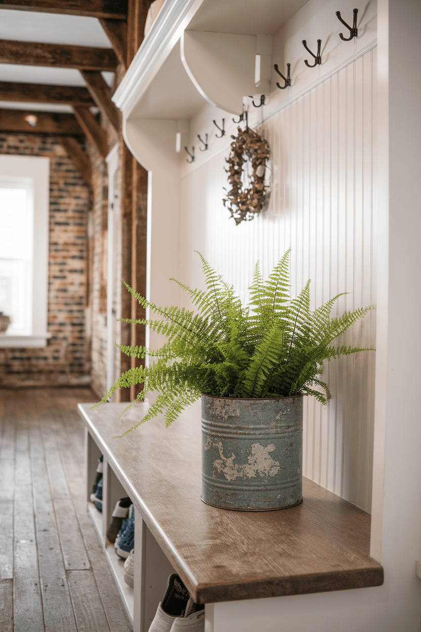 A farmhouse mudroom featuring a vintage pot with a fern on a wooden shelf.