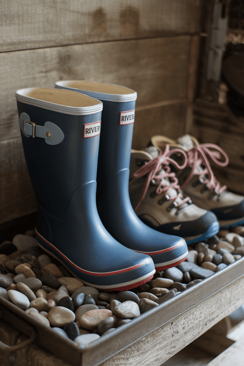 A blue pair of rubber boots and a pair of hiking shoes placed on a pebble-filled boot tray inside a mudroom.