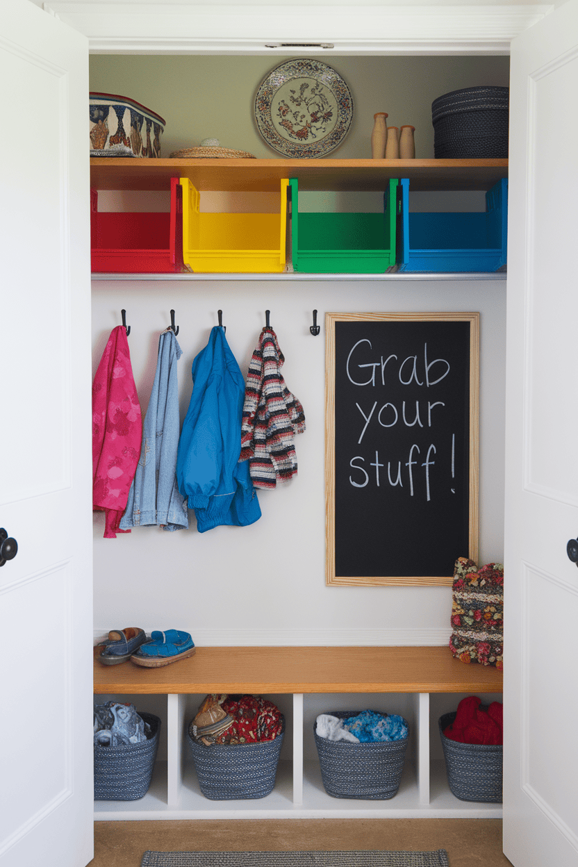 A colorful and organized kid-friendly mudroom closet with hooks for jackets, bins for storage, and a chalkboard.