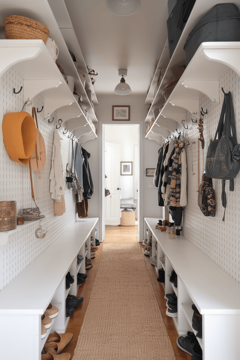 A mudroom hallway featuring vertical storage solutions with hooks, shelves, and a natural rug