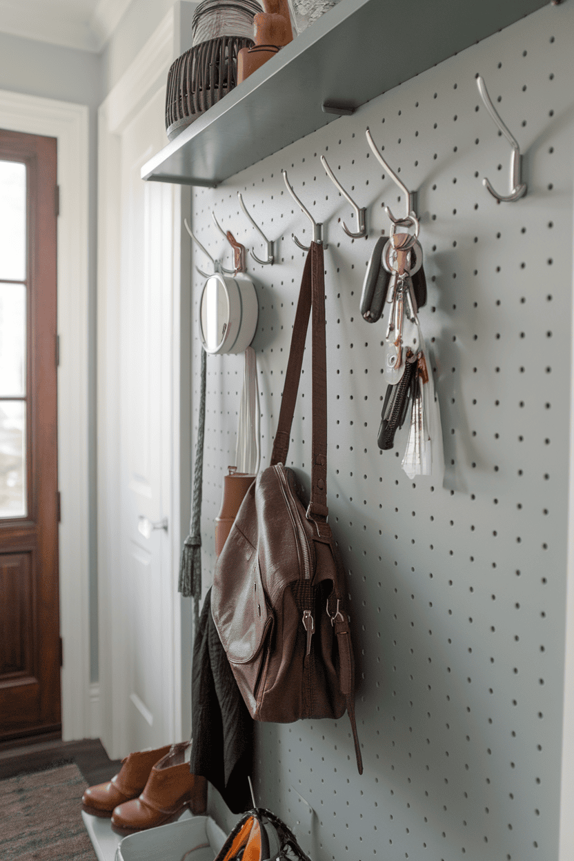 A pegboard organization station in a tiny mudroom with hooks for bags and coats, and shelves with plants and baskets.