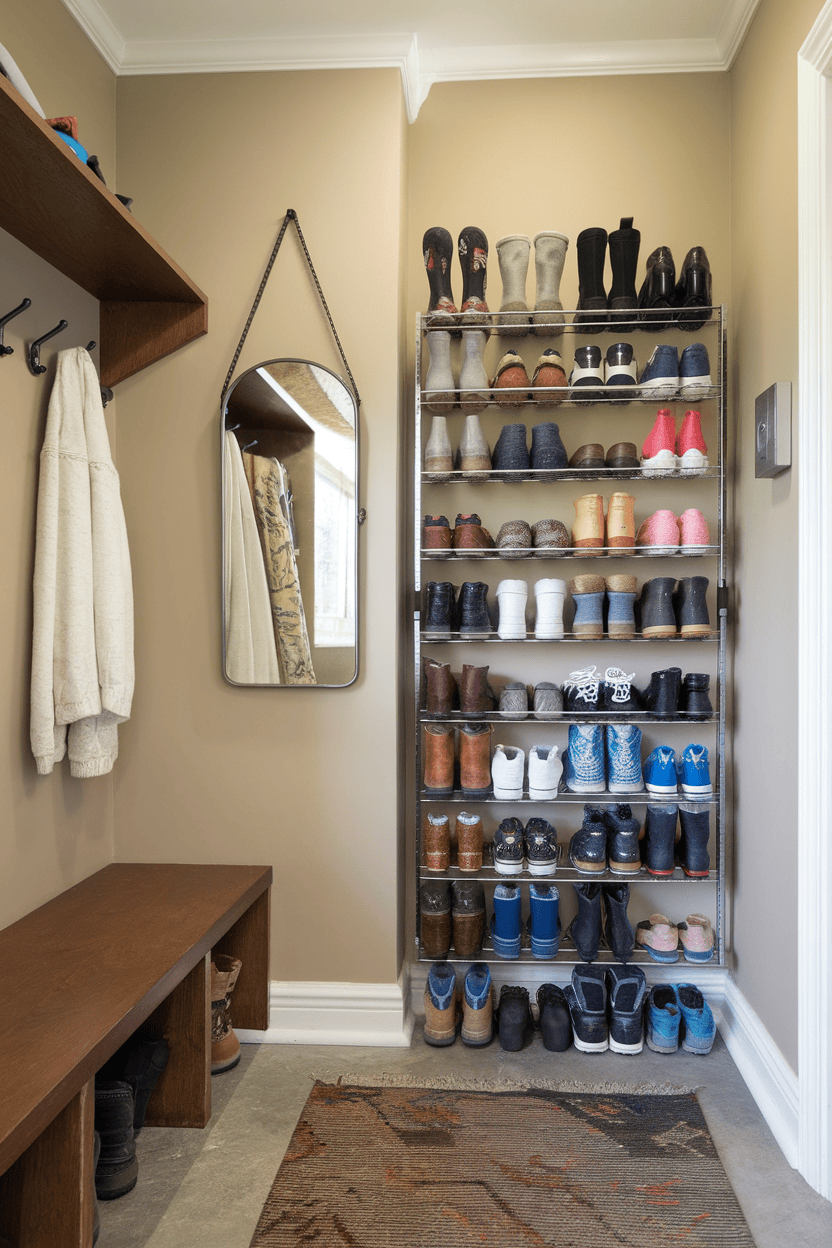 A functional mudroom with a shoe rack, bench, hooks, and a mirror.