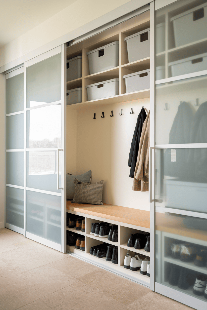 A modern mudroom featuring sliding door storage with bins, hooks for coats, and a wooden bench.