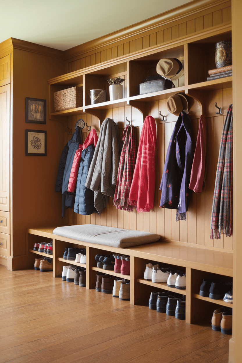 A well-organized mudroom with hardwood flooring, showcasing storage for footwear and outerwear.