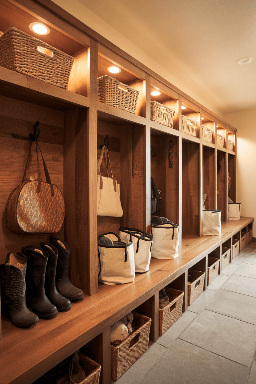 Rustic wood cubby shelves in a mudroom with bags and shoes arranged neatly