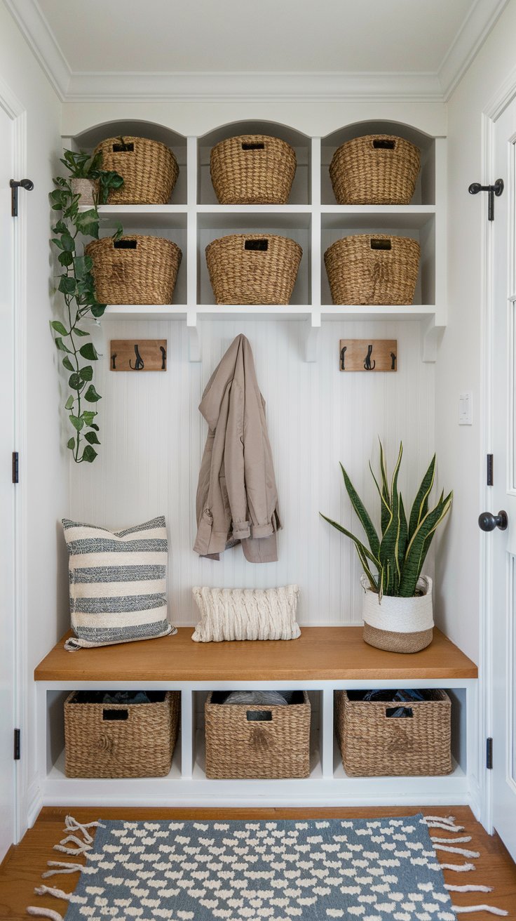 A stylish small mudroom featuring vertical storage with woven baskets, a plant, and a coat hook.