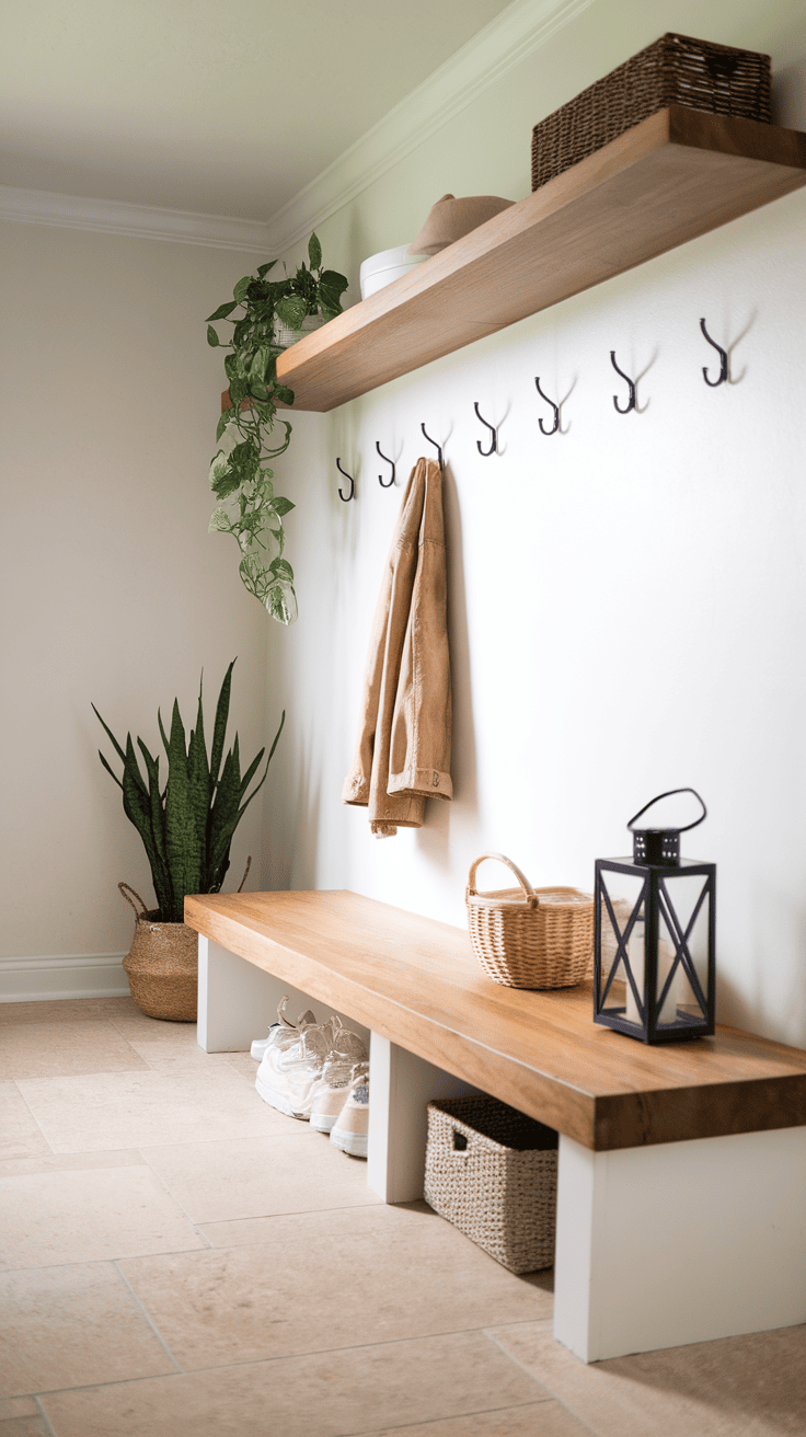 A minimalist mudroom bench with a butcher block top, hooks, and decorative plants.