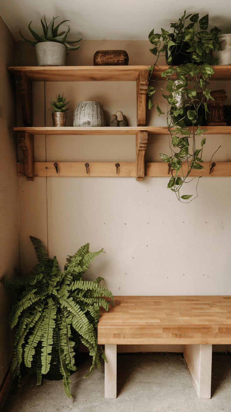 A cozy interior featuring a butcher block table and open wooden shelving with plants and decor