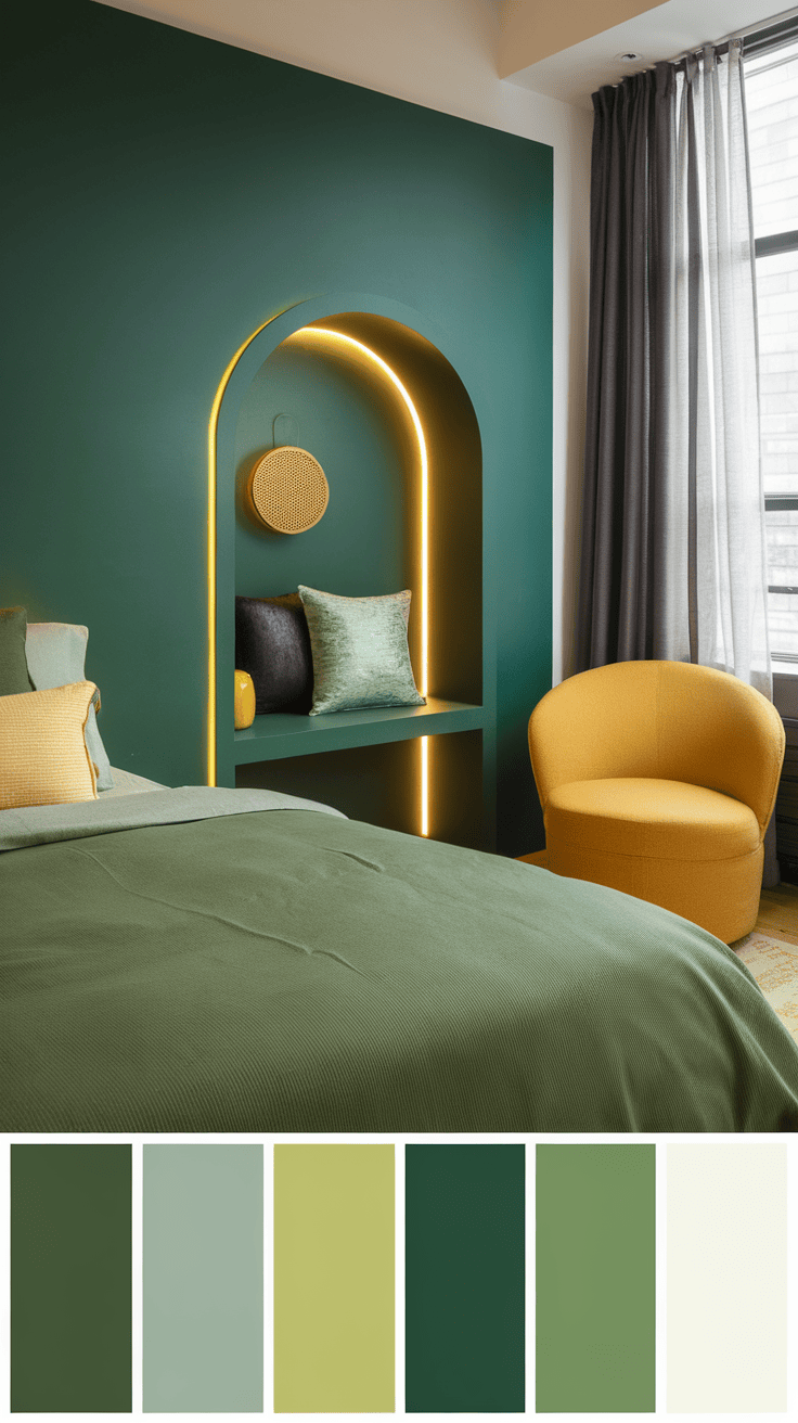 A bedroom featuring emerald green walls with accent lighting, complemented by yellow chair and various cushions.