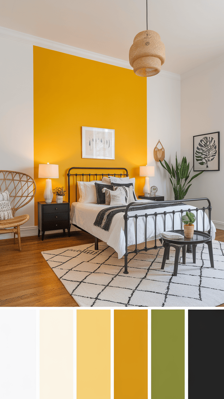 A bedroom featuring a vibrant yellow accent wall with cozy decor.