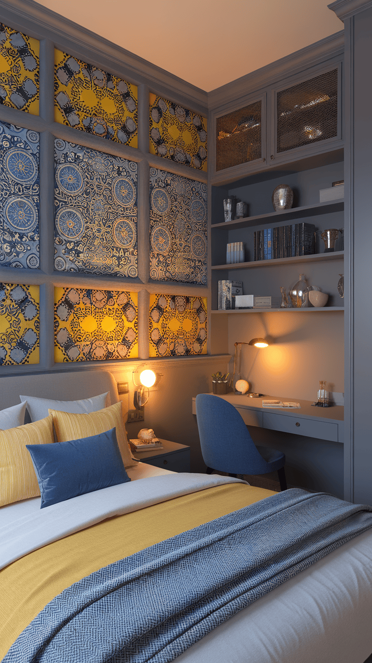 A beautifully decorated gray blue yellow bedroom with an accent wall featuring blue and yellow patterns.