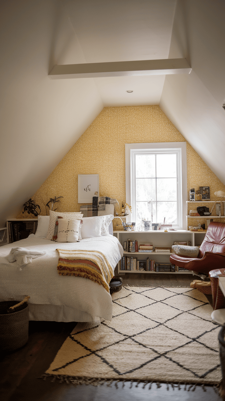 A yellow attic bedroom with patterned wallpaper, a bed with white linens, and a cozy reading nook.