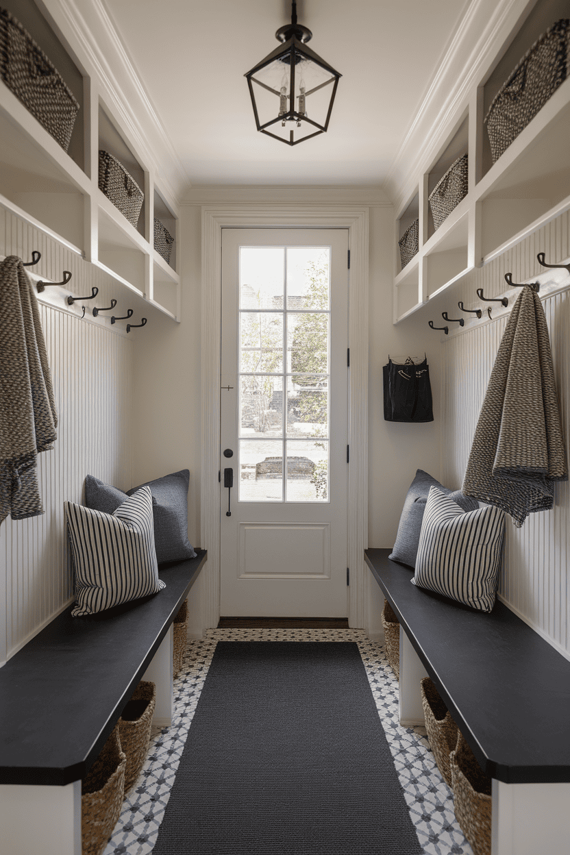 A narrow mudroom entryway with hooks, seating, and natural light.