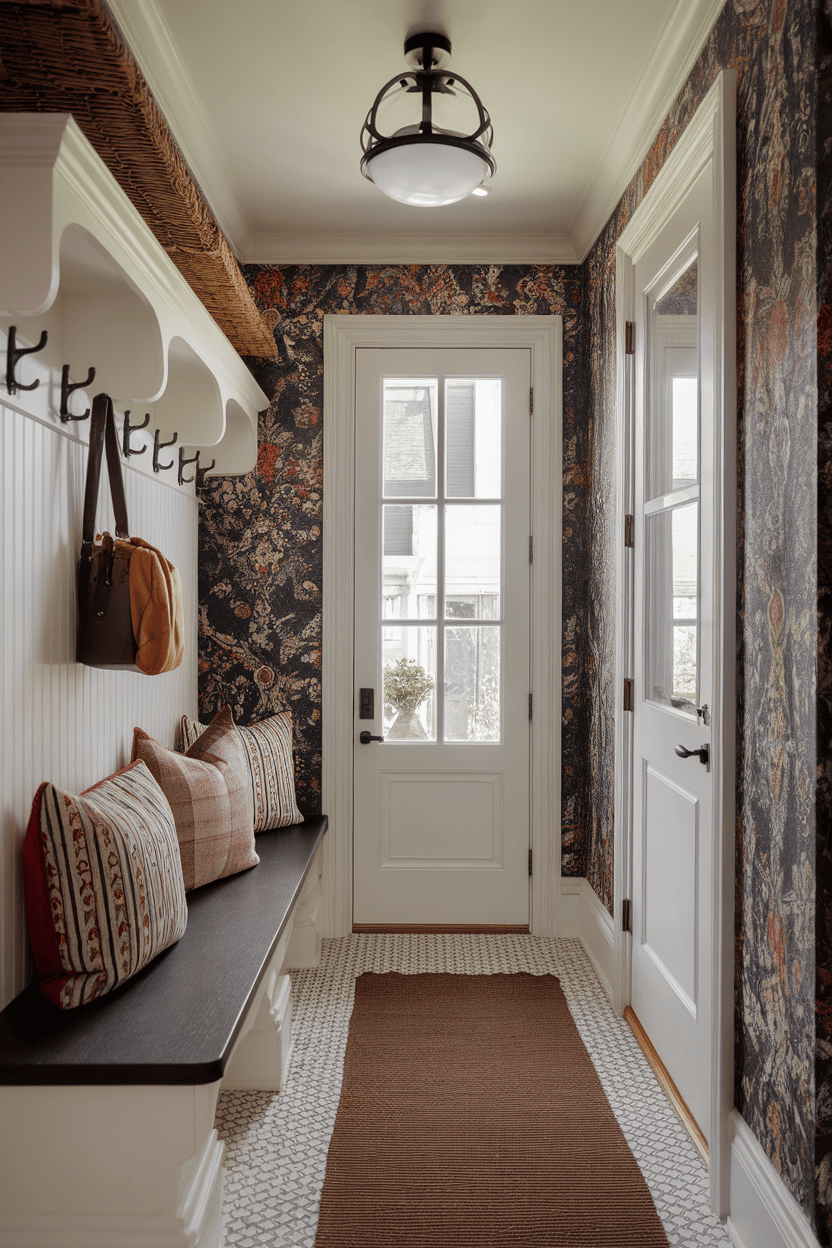 A narrow mudroom entryway with floral wallpaper, a bench, and a door leading outside.