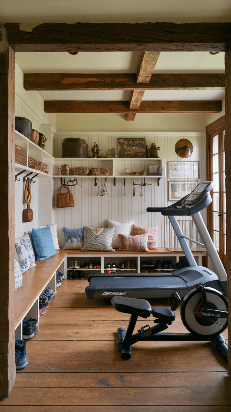 A cozy mudroom gym with wooden beams, a bench with cushions, and exercise equipment.