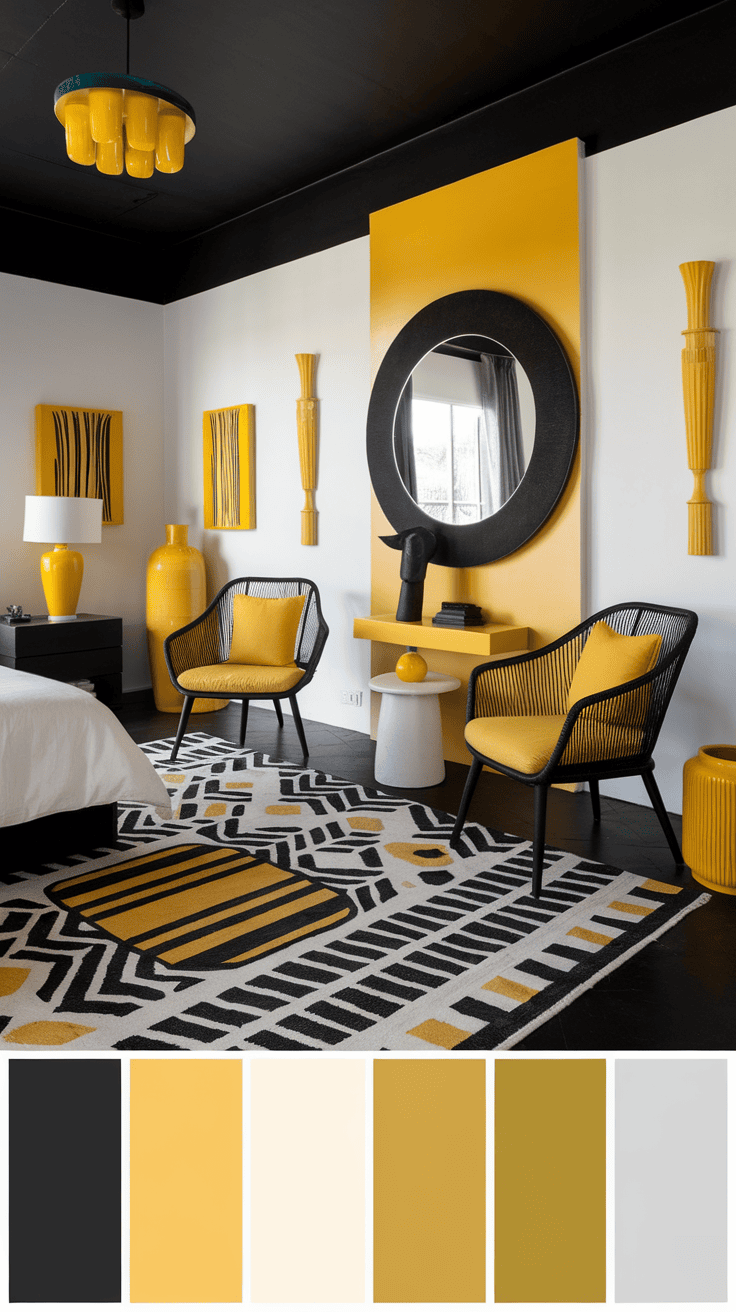 Stylish room with Art Deco design features and yellow accents