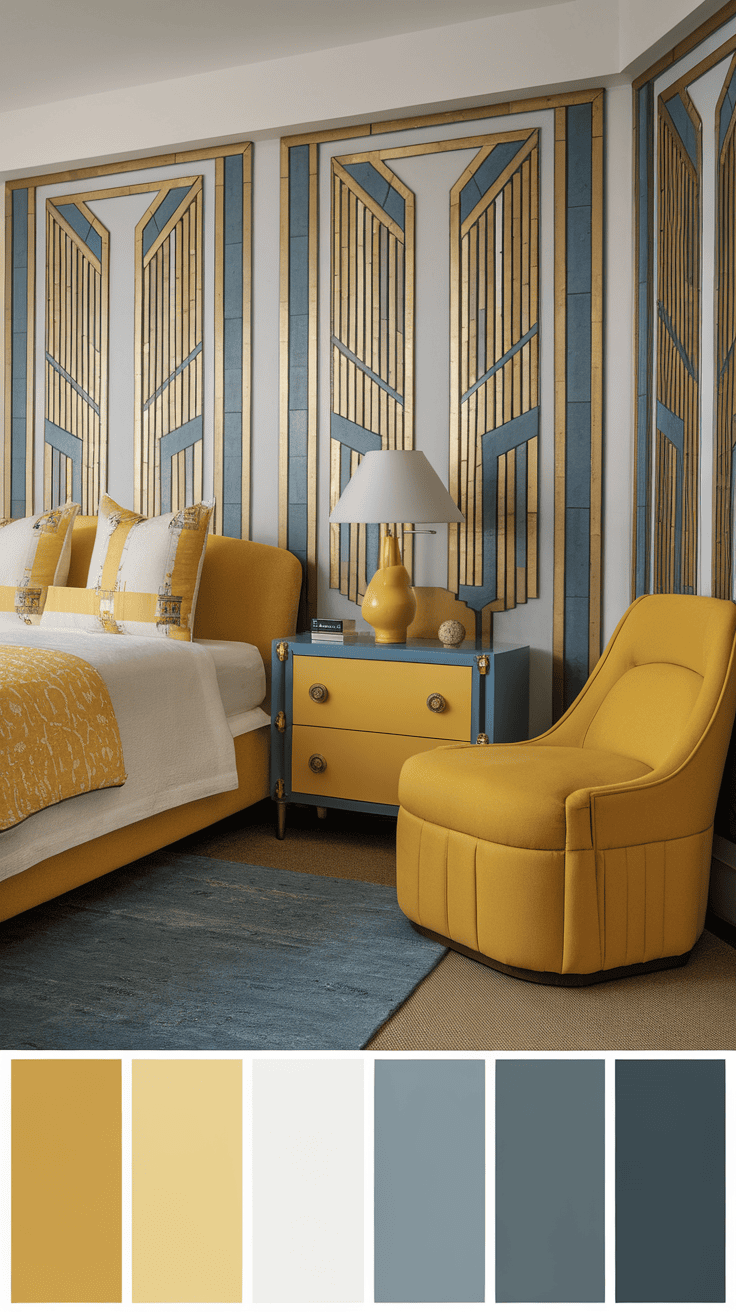 A beautifully designed Art Deco bedroom featuring yellow accents and geometric patterns.