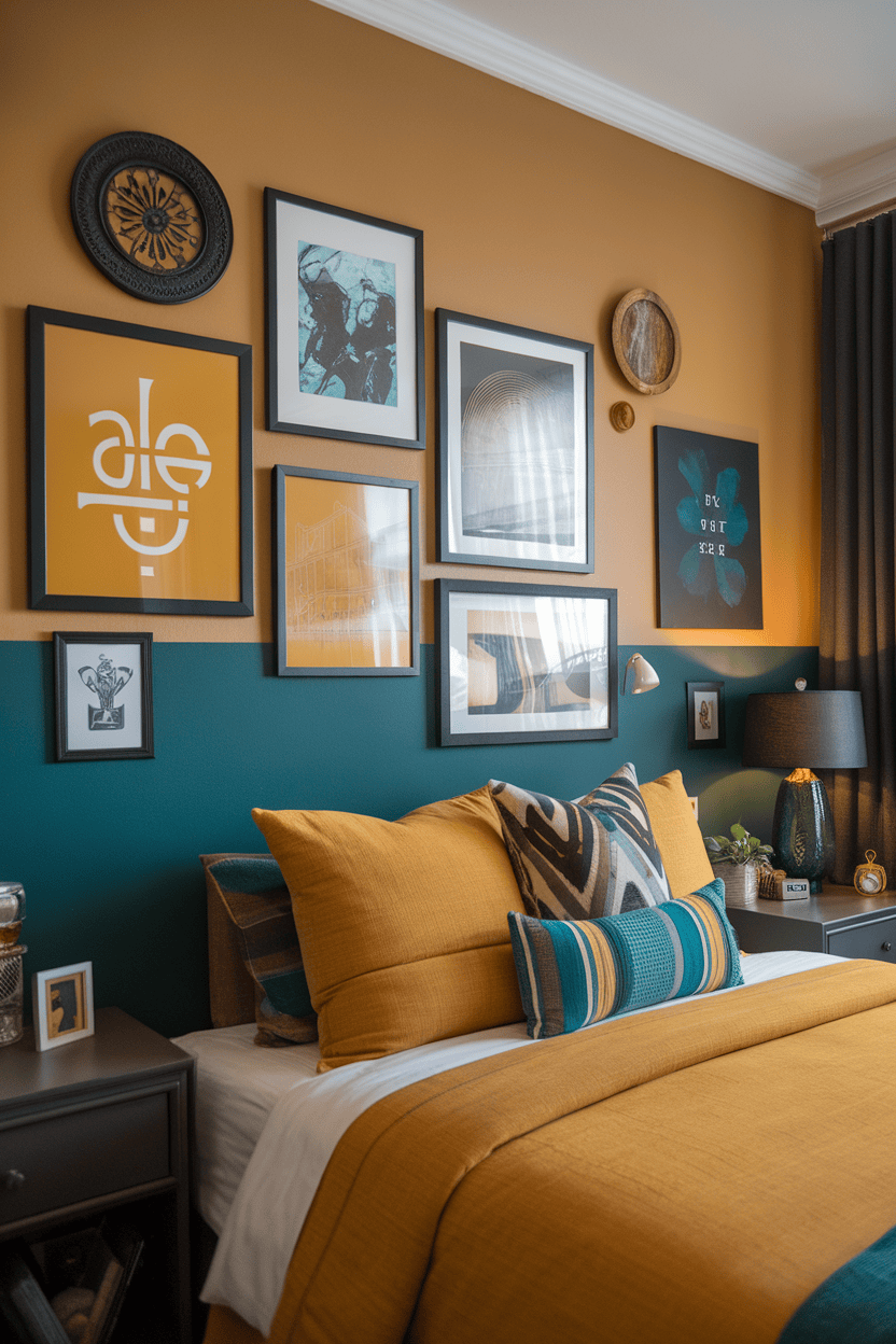 A gallery wall with mustard yellow and teal colors featuring various framed artworks.