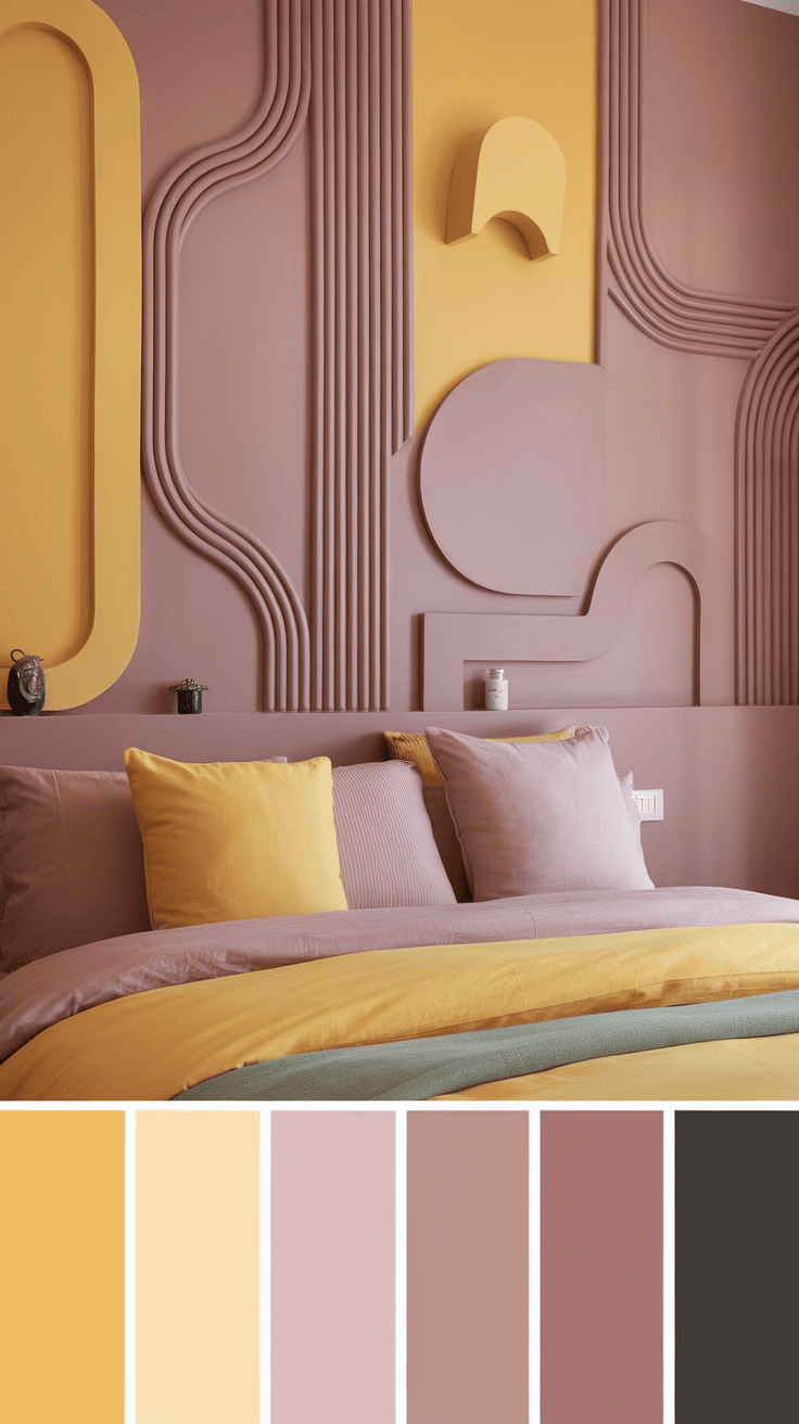 Artistic wall art featuring yellow and mauve shapes and textures