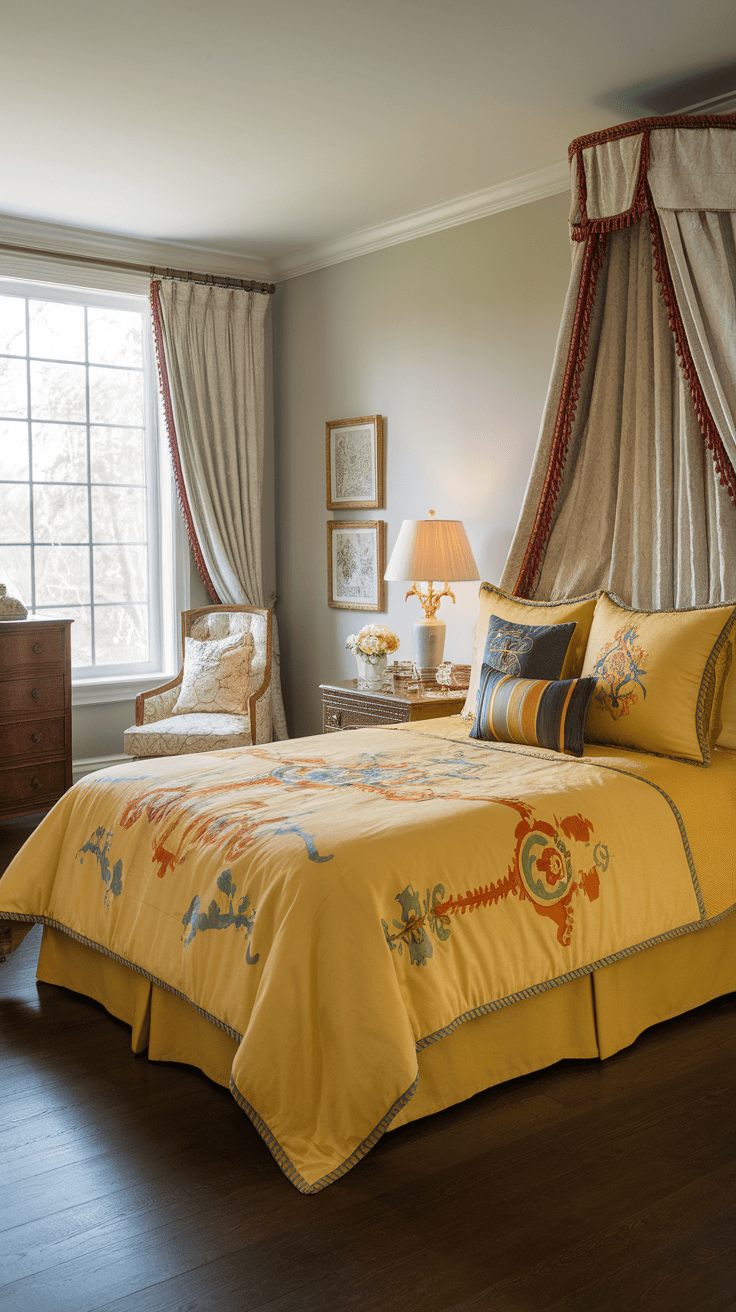 A beautifully designed yellow bedspread with colorful patterns on a neatly made bed in a cozy bedroom.