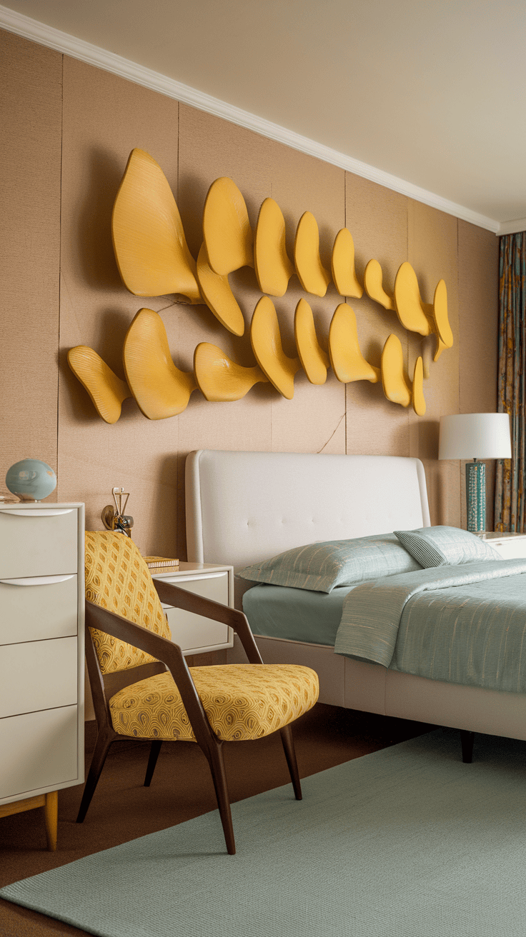 A yellow mid century wall art displayed in a stylish bedroom with a white bed and colorful chair.