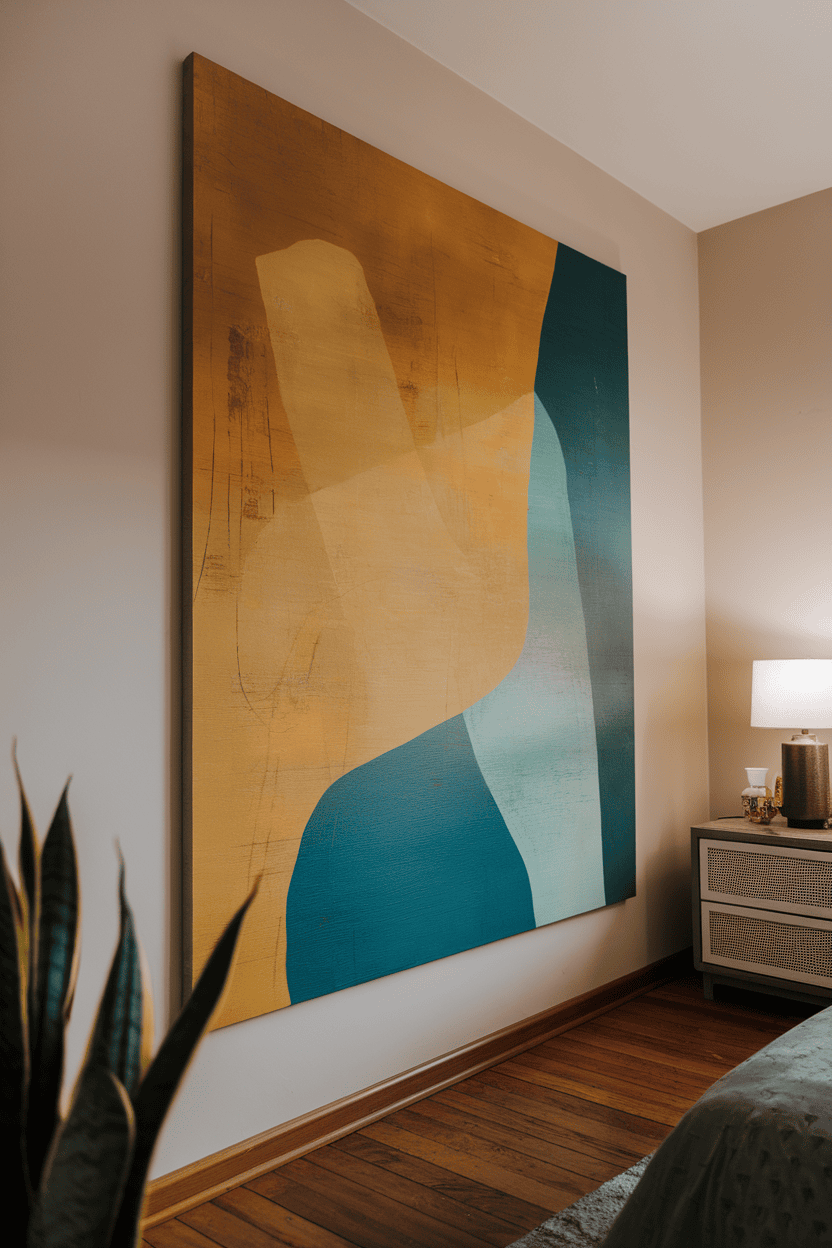 Wall art featuring a tree design in mustard and teal shades