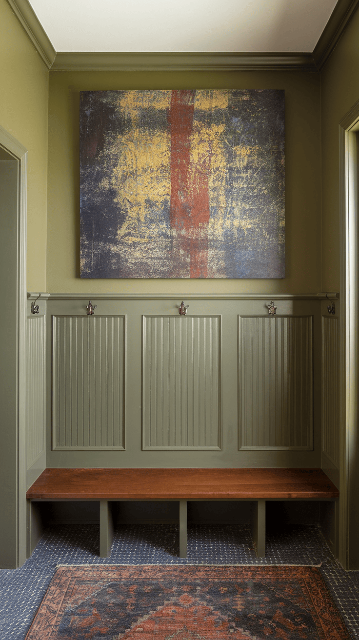 Interior hallway featuring olive green walls, a wooden bench, and artwork.