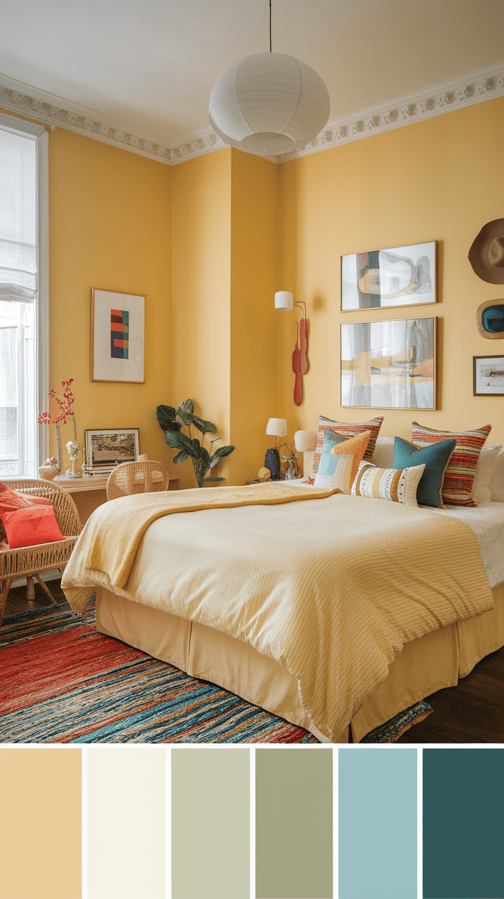 A cozy bedroom featuring yellow walls, colorful pillows, and a vibrant rug.