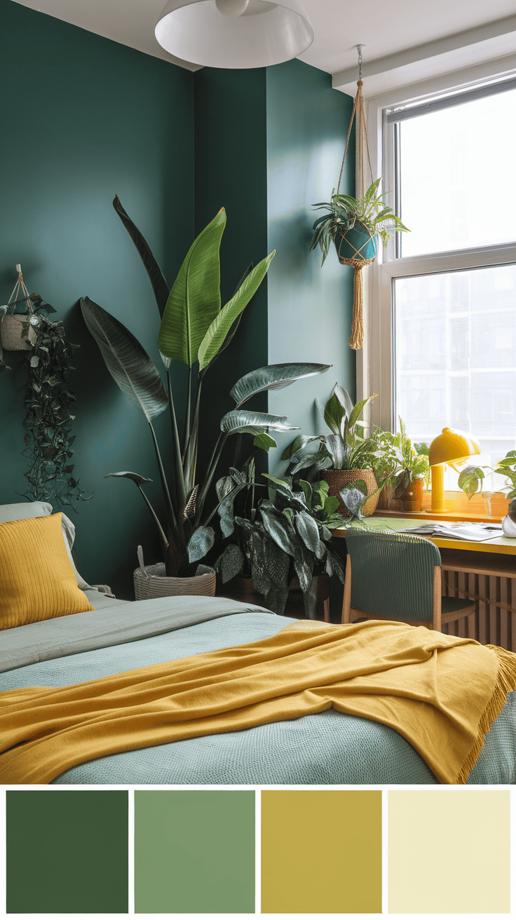 A cozy bedroom with emerald walls and yellow accents, featuring various indoor plants.