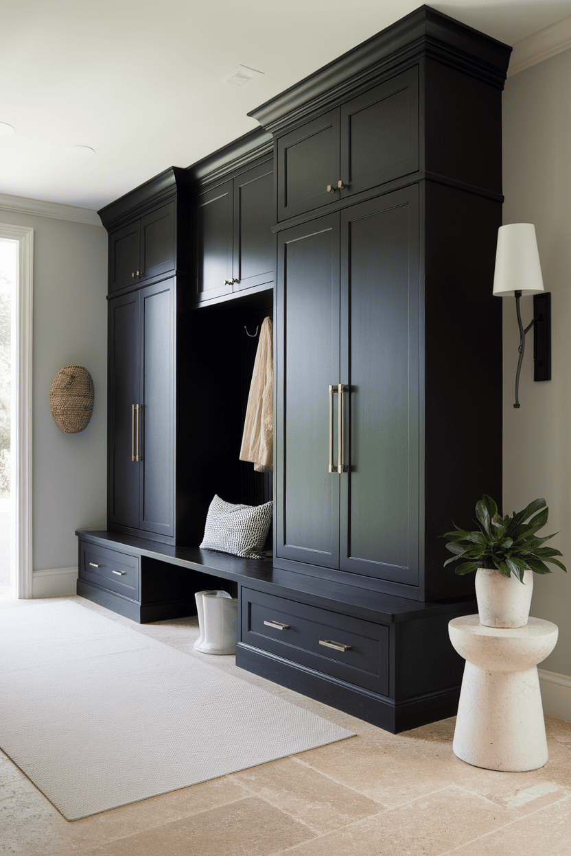 Stylish black mudroom cabinets with storage and seating area.