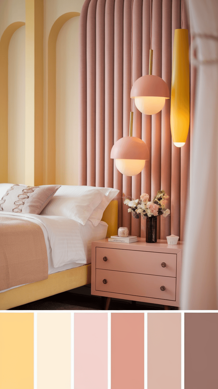 A cozy bedroom featuring blush and yellow lighting fixtures, with a soft bed and decorative elements.