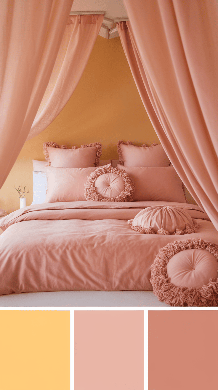 A cozy bedroom featuring blush pink bedding with decorative pillows and soft yellow accents.