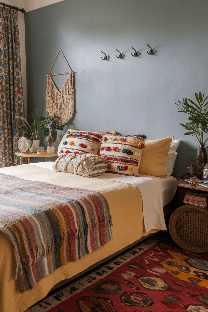 A cozy bohemian bedroom featuring yellow accents, colorful pillows, and a vibrant rug.