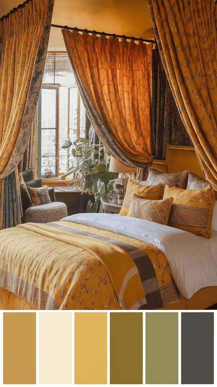 An eclectic bedroom featuring yellow textiles in a warm and inviting setting