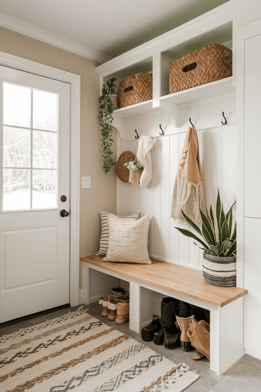 A stylish small mudroom entryway featuring a wooden bench, decorative baskets, plants, and a cozy rug.