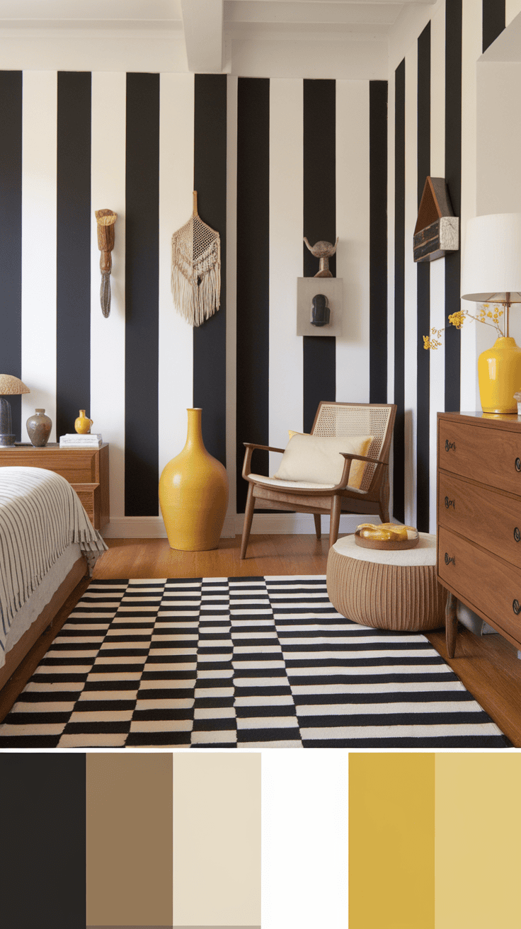 Interior featuring bold black and white striped walls with stylish decor.