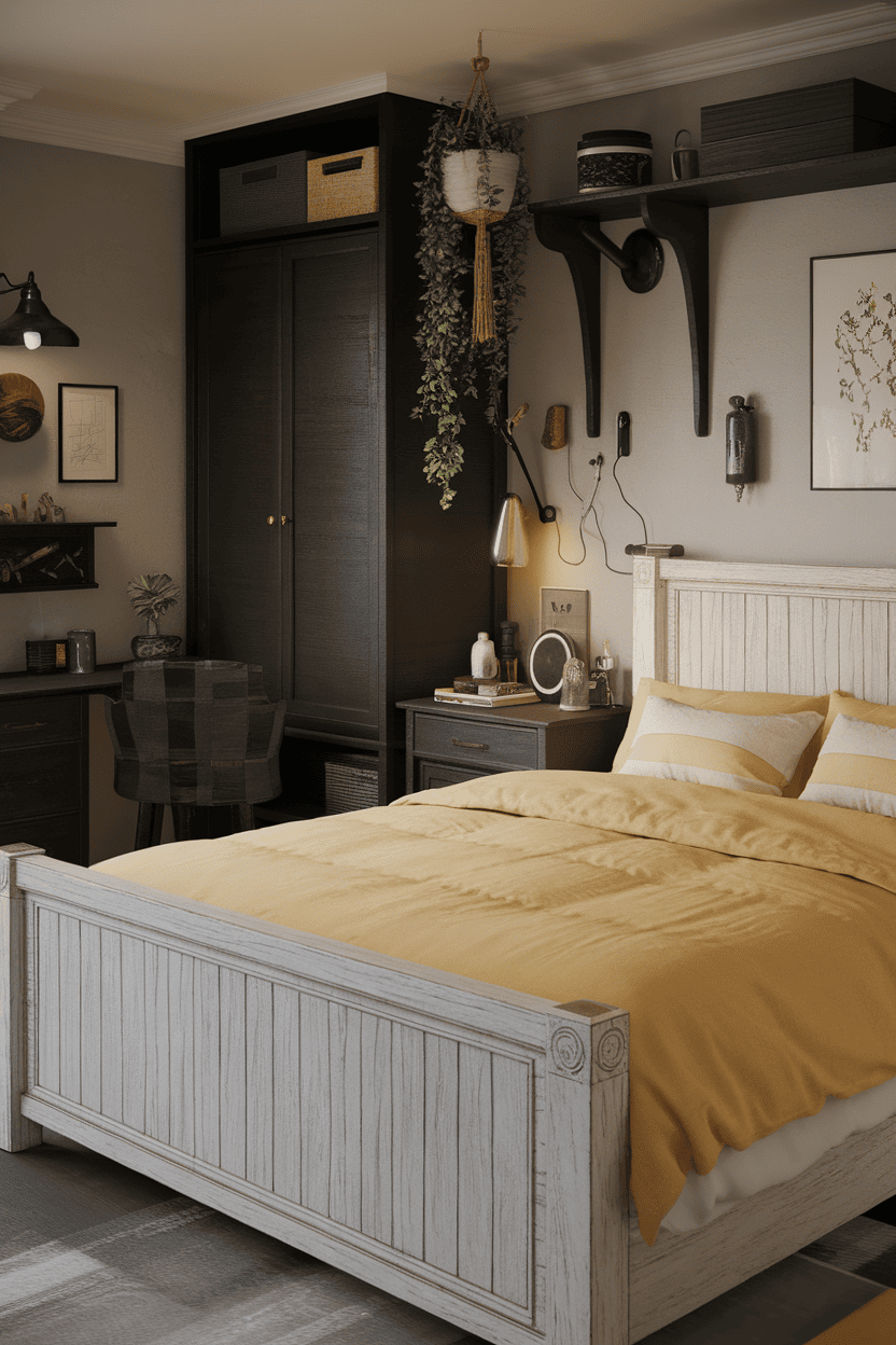 A cozy bedroom featuring bright yellow bedding, dark furniture, and greenery.