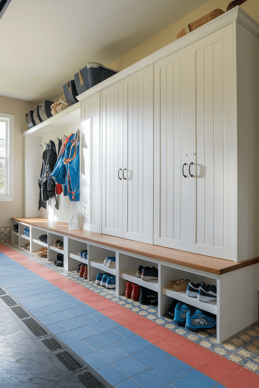 A stylish garage mudroom featuring bold colored flooring, storage cabinets, and organized shoe storage.