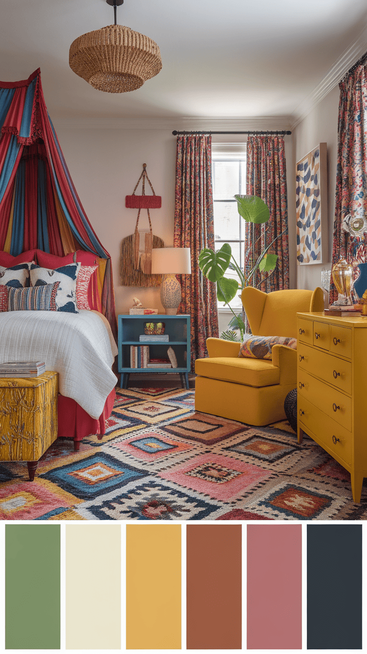 A colorful bedroom featuring bold yellow furniture and vibrant decor.