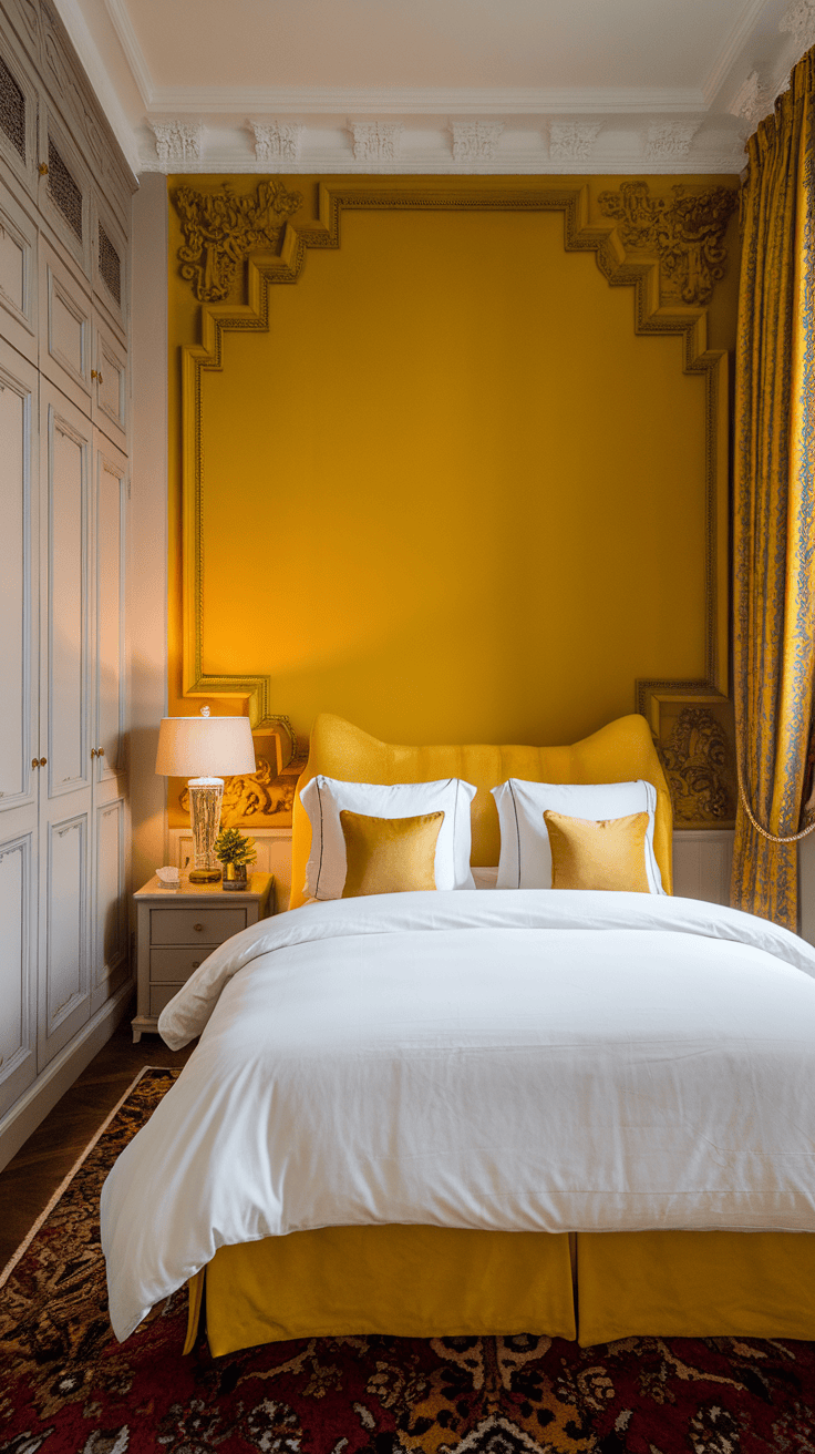 A cozy bedroom featuring a bold yellow accent wall with a plush bed and decorative elements.