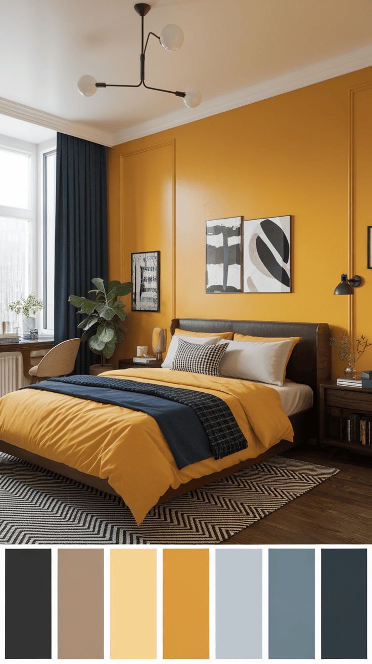 A masculine bedroom featuring a bold yellow accent wall, stylish furniture, and decorative elements.