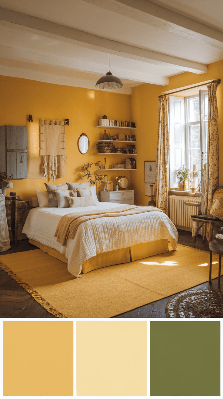 A cozy bedroom featuring a yellow rug, bright yellow walls, and warm decor.