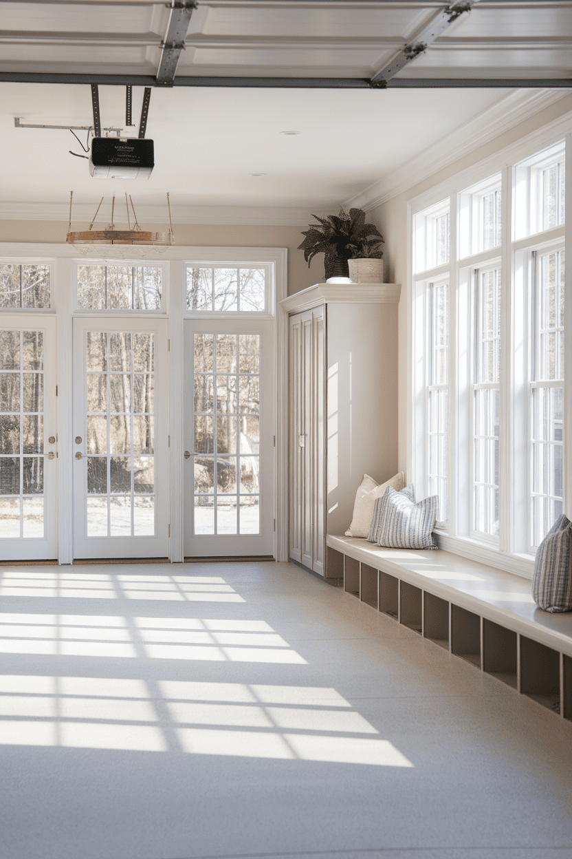 Bright and airy garage mudroom with large windows and cozy bench