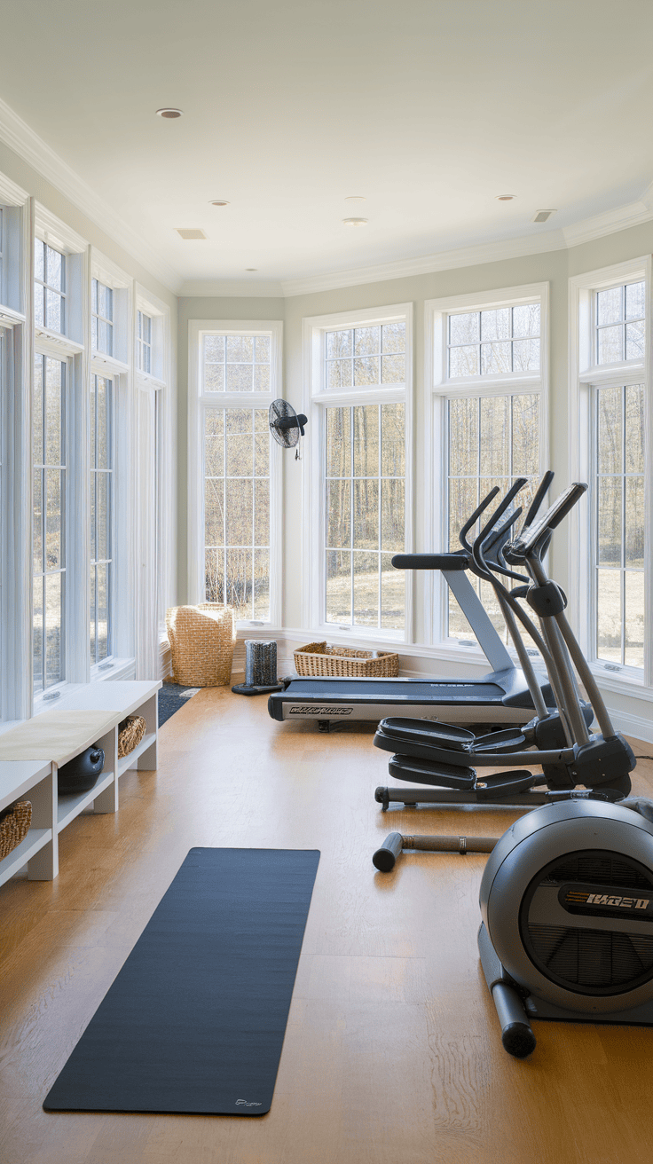 A bright gym space with exercise equipment and large windows.