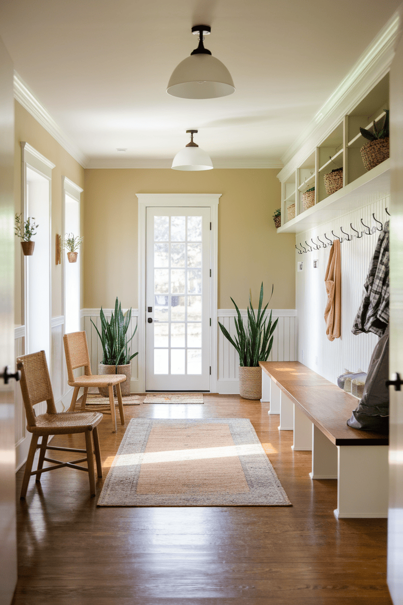 A bright and inviting entryway with plants, seating, and natural light.