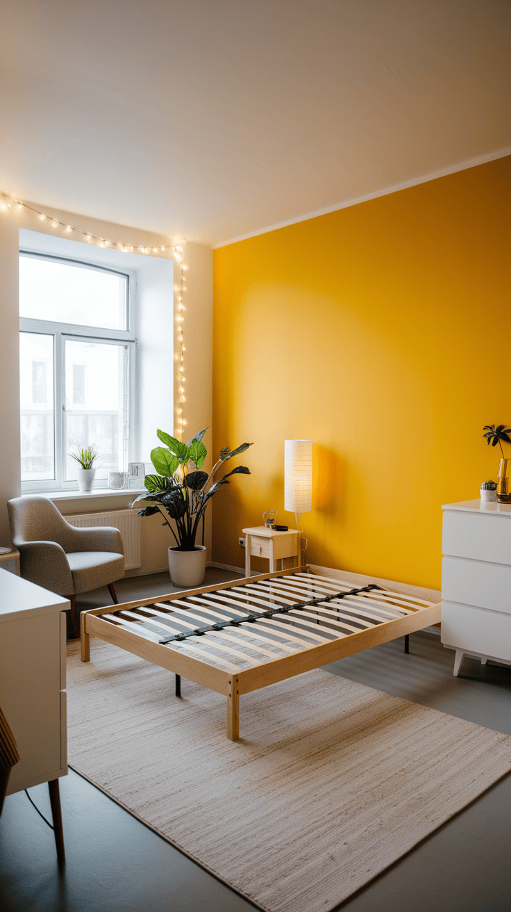 A cozy bedroom featuring a bright yellow accent wall, complementing modern furniture and decor.