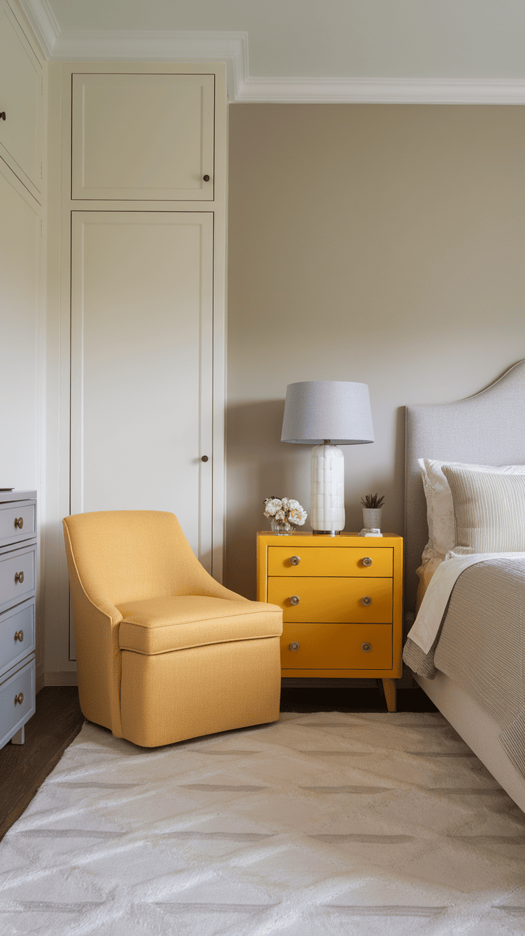 A bedroom featuring bright yellow furniture accents with neutral tones.