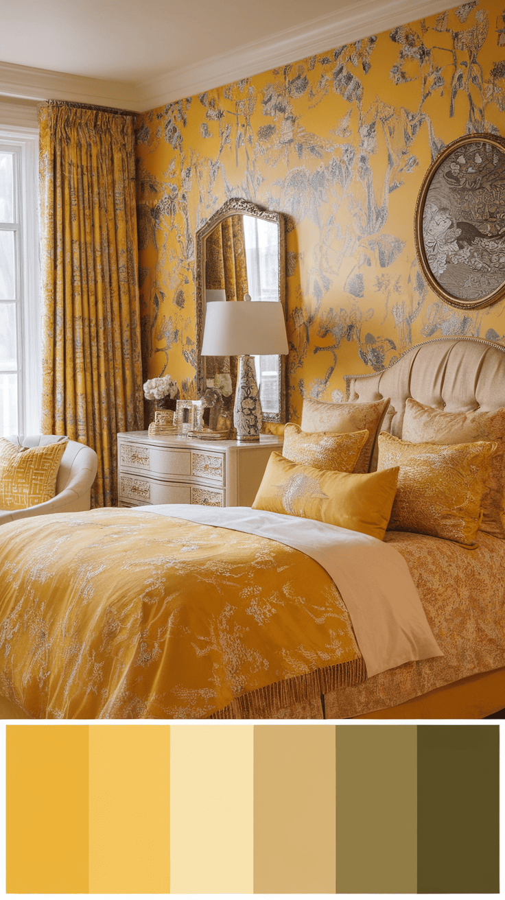 A cozy bedroom featuring bright yellow chinoiserie wallpaper, elegant decor, and soft bedding.